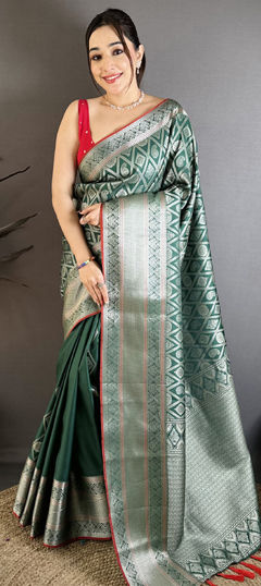 Green color Saree in Banarasi Silk fabric with Weaving work