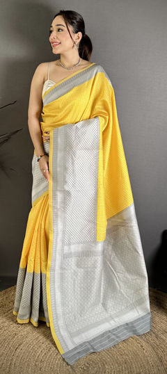 Black and Grey, Yellow color Saree in Kanjeevaram Silk fabric with Weaving work