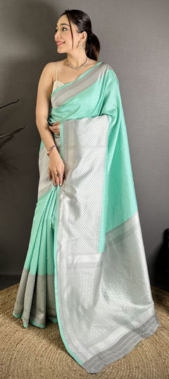 Black and Grey, Green color Saree in Kanjeevaram Silk fabric with Weaving work