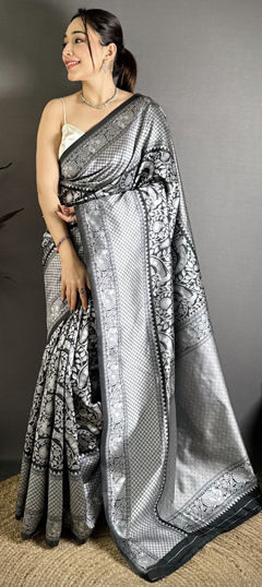 Black and Grey color Saree in Kanjeevaram Silk fabric with Weaving work