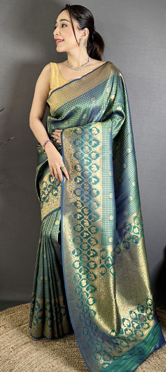 Green color Saree in Banarasi Silk fabric with Weaving work