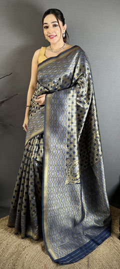 Black and Grey color Saree in Banarasi Silk fabric with Weaving work