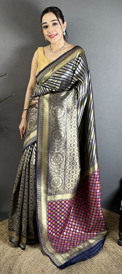 Black and Grey color Saree in Banarasi Silk fabric with Weaving work
