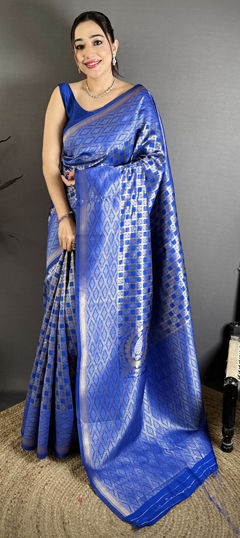 Blue color Saree in Banarasi Silk fabric with Weaving work