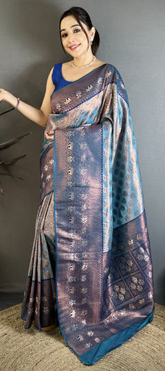 Blue color Saree in Banarasi Silk fabric with Weaving work