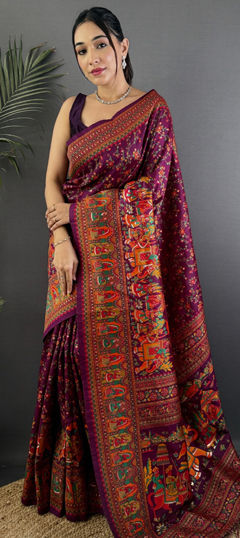 Purple and Violet color Saree in Pashmina fabric with Weaving work