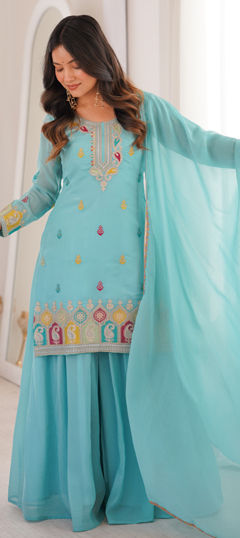 Blue color Salwar Kameez in Crushed Silk fabric with Embroidered, Sequence, Thread, Zari work