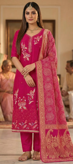 Pink and Majenta color Salwar Kameez in Georgette fabric with Embroidered work