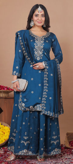 Blue color Salwar Kameez in Silk fabric with Embroidered, Sequence work