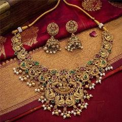 Gold Rodium Polish Multicolor color Necklace in Copper studded with CZ Diamond, Pearl