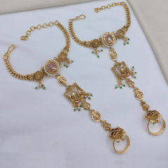 Gold Rodium Polish Green, Purple and Violet color Bracelet in Copper studded with CZ Diamond, Kundan