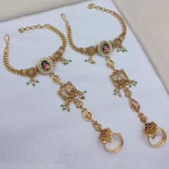 Gold Rodium Polish Green, Pink and Majenta color Bracelet in Copper studded with CZ Diamond, Kundan