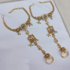 Gold Rodium Polish Green, Pink and Majenta color Bracelet in Copper studded with CZ Diamond, Kundan