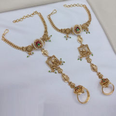 Gold Rodium Polish Green, Pink and Majenta color Bracelet in Copper studded with CZ Diamond, Kundan