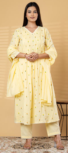 Yellow color Salwar Kameez in Cotton fabric with Embroidered, Pleats, Resham, Thread work