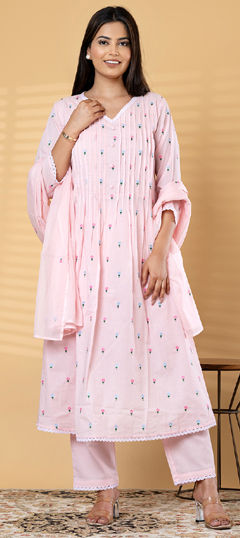 Pink and Majenta color Salwar Kameez in Cotton fabric with Embroidered, Pleats, Resham, Thread work