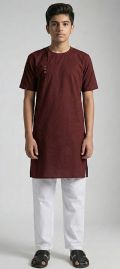 Red and Maroon color Boys Kurta Pyjama in Blended Cotton fabric with Thread work