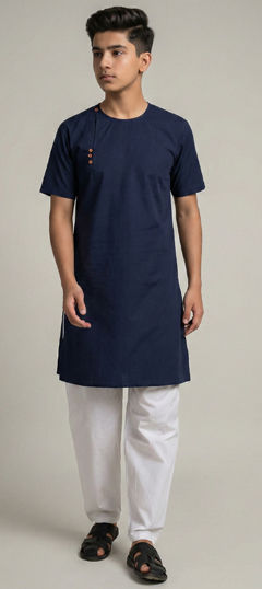 Blue color Boys Kurta Pyjama in Blended Cotton fabric with Thread work
