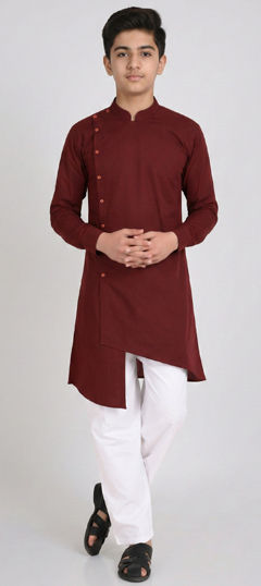 Red and Maroon color Boys Kurta Pyjama in Blended Cotton fabric with Thread work