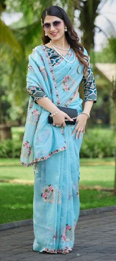 Blue color Saree in Crushed Silk fabric with Embroidered, Swarovski work