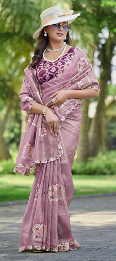 Pink and Majenta color Saree in Crushed Silk fabric with Embroidered, Swarovski work