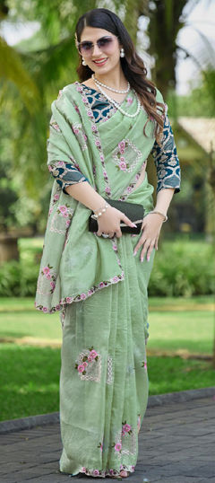 Green color Saree in Crushed Silk fabric with Embroidered, Swarovski work