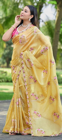 Yellow color Saree in Crushed Silk fabric with Embroidered, Swarovski work