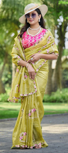 Green color Saree in Crushed Silk fabric with Embroidered, Swarovski work