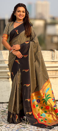 Black and Grey color Saree in Silk fabric with Weaving, Zari work