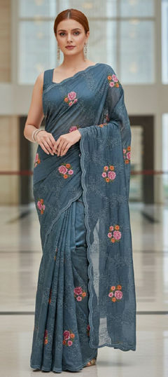 Blue color Saree in Silk fabric with Embroidered, Sequence, Thread work