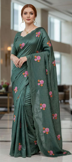 Green color Saree in Silk fabric with Embroidered, Sequence, Thread work