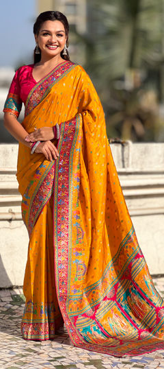 Yellow color Saree in Viscose fabric with Weaving, Zari work
