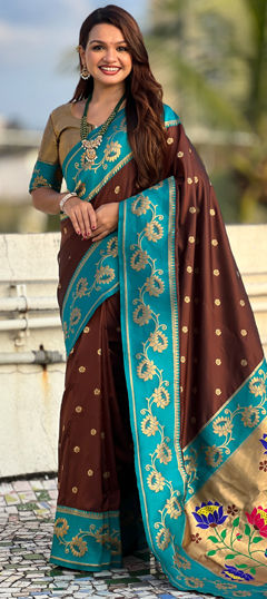 Beige and Brown color Saree in Silk fabric with Weaving work