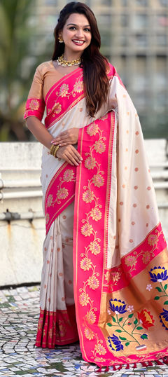 White and Off White color Saree in Silk fabric with Weaving work