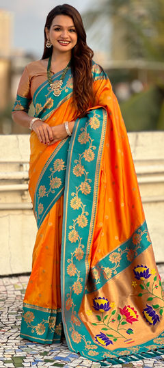 Orange color Saree in Silk fabric with Weaving work