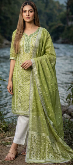 Green color Salwar Kameez in Banarasi Silk fabric with Cut Dana, Stone, Weaving work