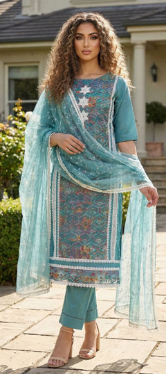 Blue color Salwar Kameez in Roman fabric with Embroidered, Sequence work