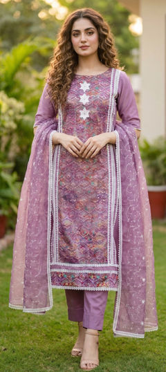Purple and Violet color Salwar Kameez in Roman fabric with Embroidered, Sequence work