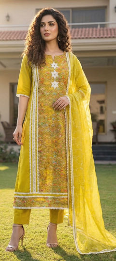 Yellow color Salwar Kameez in Roman fabric with Embroidered, Sequence work