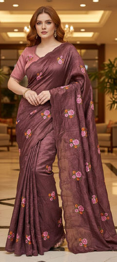 Red and Maroon color Saree in Silk fabric with Embroidered, Sequence, Thread work