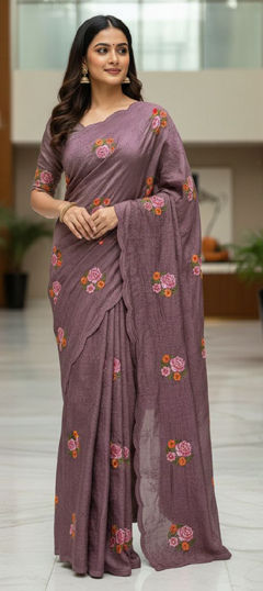 Purple and Violet color Saree in Silk fabric with Embroidered, Sequence, Thread work