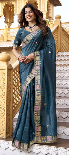 Blue color Saree in Crushed Silk fabric with Embroidered, Sequence, Thread work