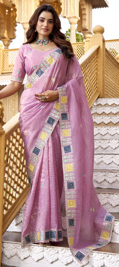 Pink and Majenta color Saree in Crushed Silk fabric with Embroidered, Sequence, Thread work