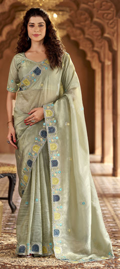Black and Grey color Saree in Crushed Silk fabric with Embroidered, Sequence, Thread work
