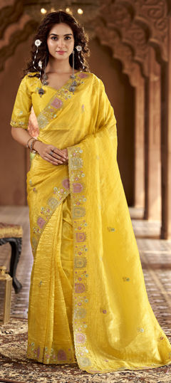 Yellow color Saree in Crushed Silk fabric with Embroidered, Sequence, Thread work