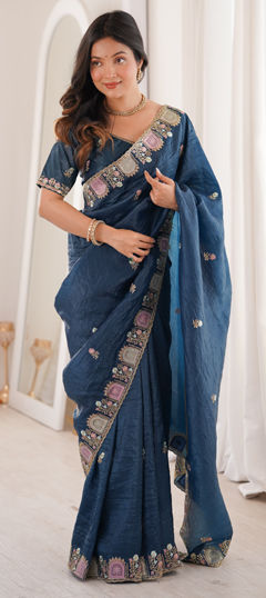 Blue color Saree in Crushed Silk fabric with Embroidered, Sequence, Thread work