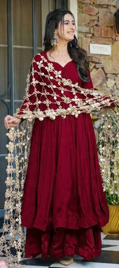 Red and Maroon color Salwar Kameez in Roman Silk fabric with Thread work