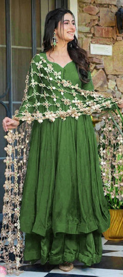 Green color Salwar Kameez in Roman Silk fabric with Thread work