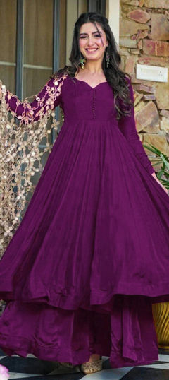 Purple and Violet color Salwar Kameez in Roman Silk fabric with Thread work
