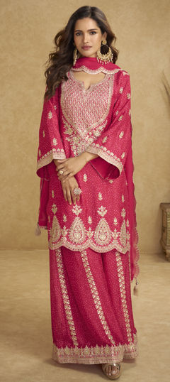 Pink and Majenta color Salwar Kameez in Chinon Silk fabric with Embroidered, Stone work